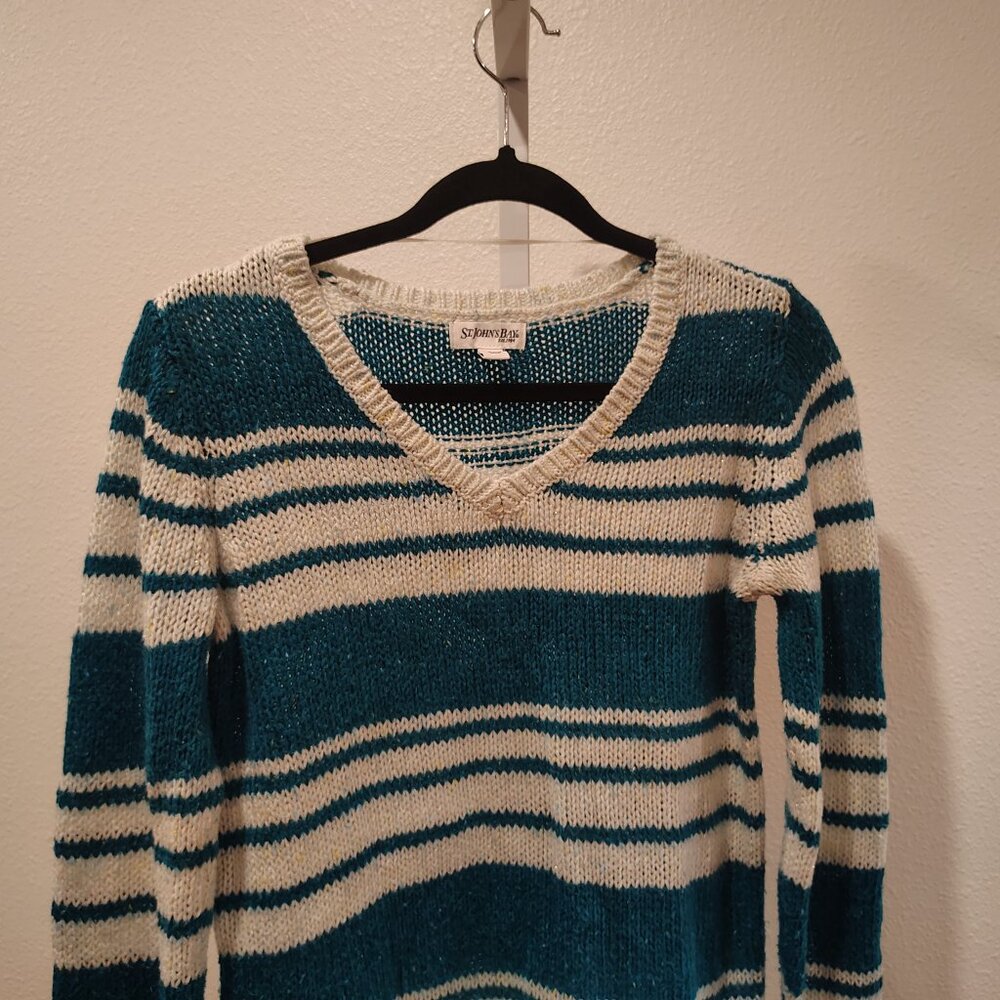 St. John's Bay Women's V-Neck Sweater Teal White Stripes Mesh Style Size Medium - Picture 3 of 10